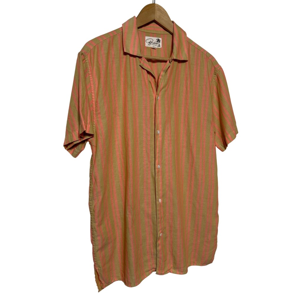 Bonobos Short Sleeve Button Down Shirt Pink Tan Striped Camp Collar Medium Long